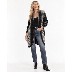 Buckle Black Geometric Aztec Open Front Longline Cardigan Sweater Black White L